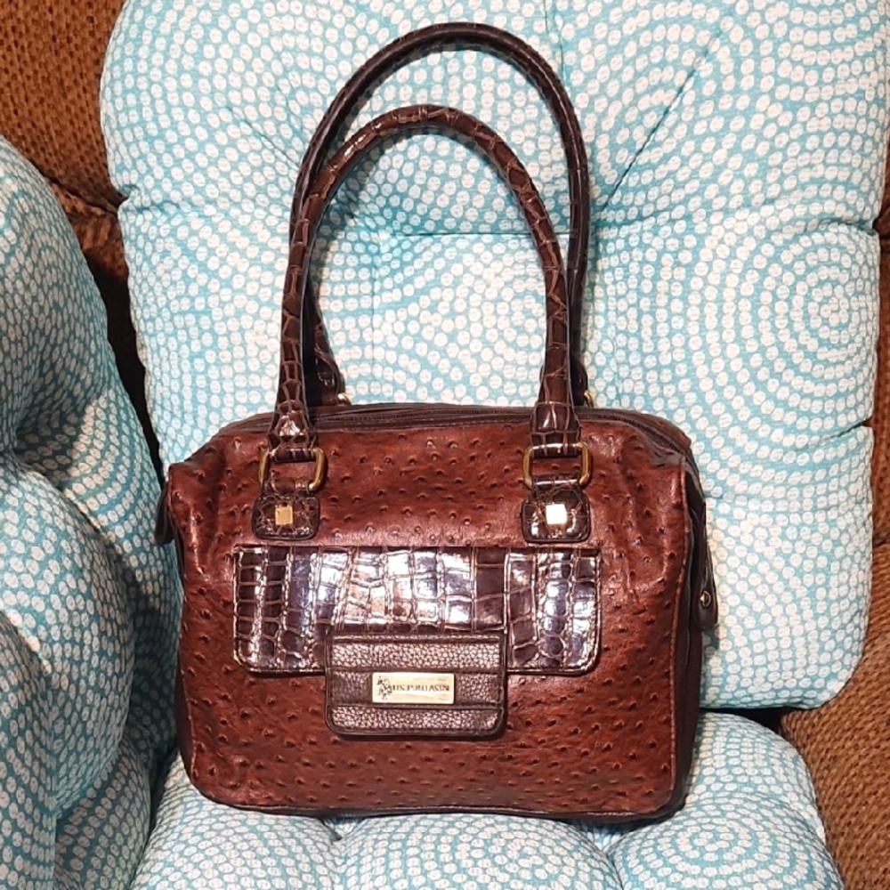 Brown Crocodile US Polo Embossed Leather Handbag